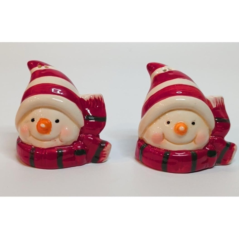 Vintage Snowman Salt‎ & Pepper Shakers Red Scarf Christmas Ceramic Set Japan